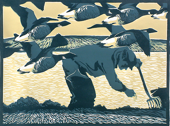 Bait Digger and Brents, (Relief print, edition of 9), 60cm x 40cm