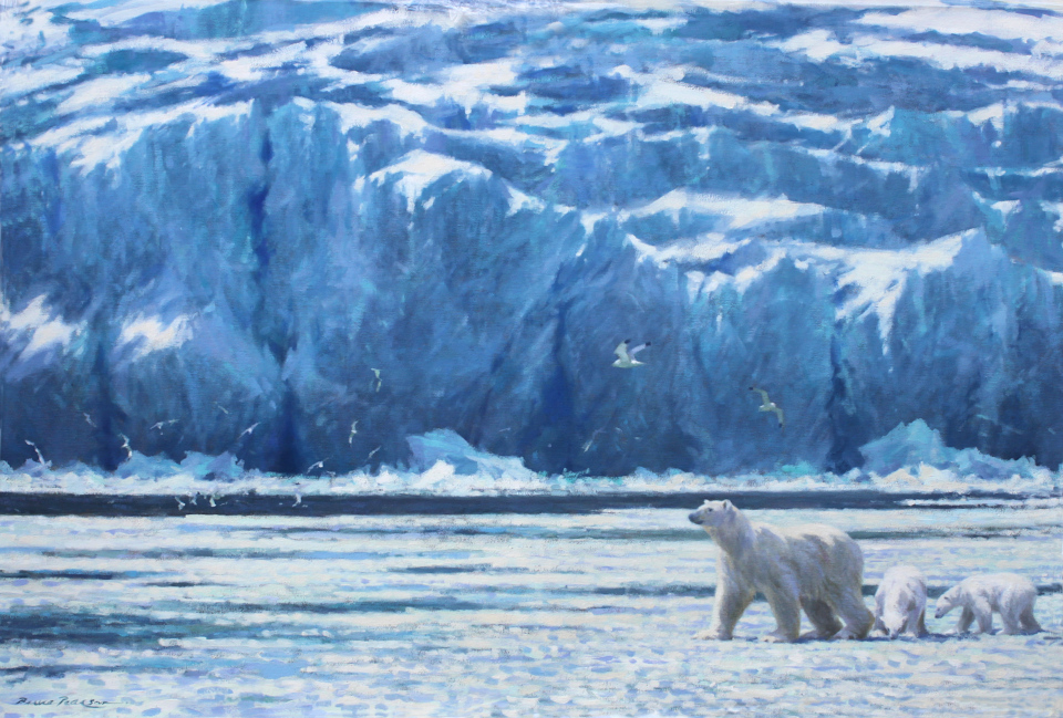 A female polar bear and cubs on sea ice - a large studio painting in oils, completed a few months after getting back from Svalbard