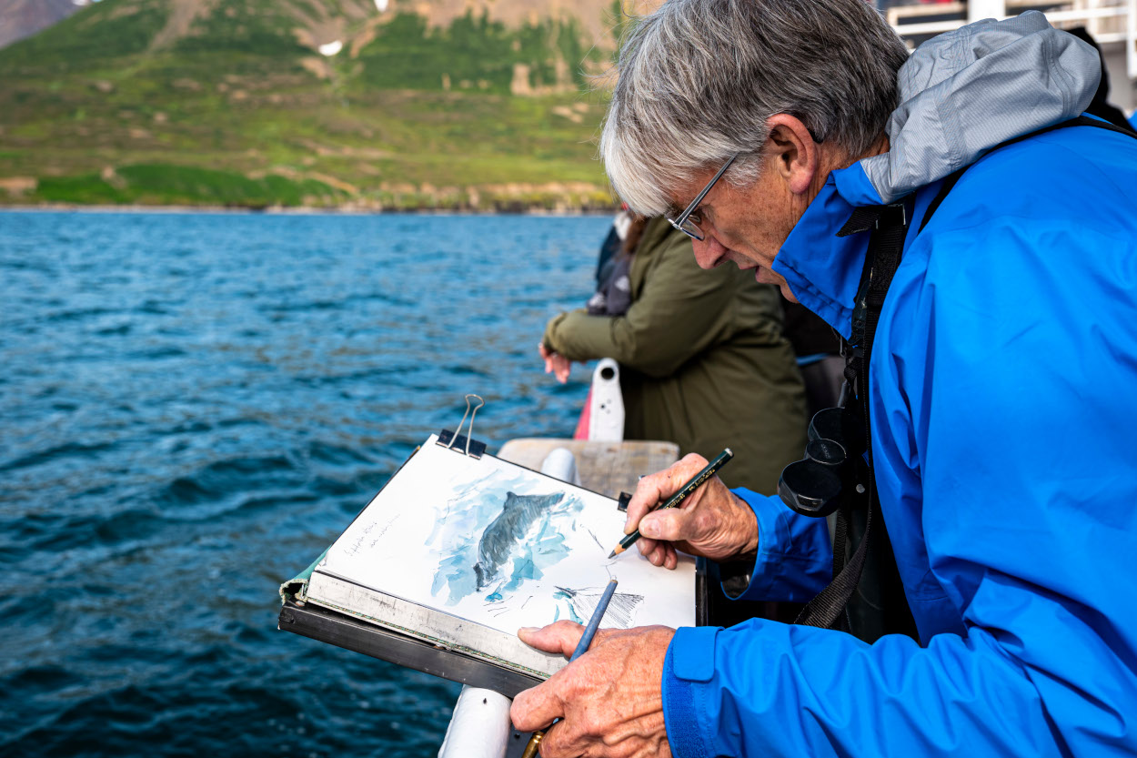 In Siglufjorder on the north coast of Iceland there was an opportunity to go out for a day on a whale-watching boat.  In the fjord were three or four humpbacks feeding, the light was good and the boat quite steady so I was able to settle down and get some work done.